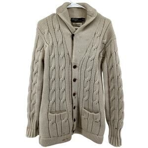 VTG Polo Ralph Lauren Cable Knit Cardigan 80s Shawl Pocket 100% Wool Cream 40 L